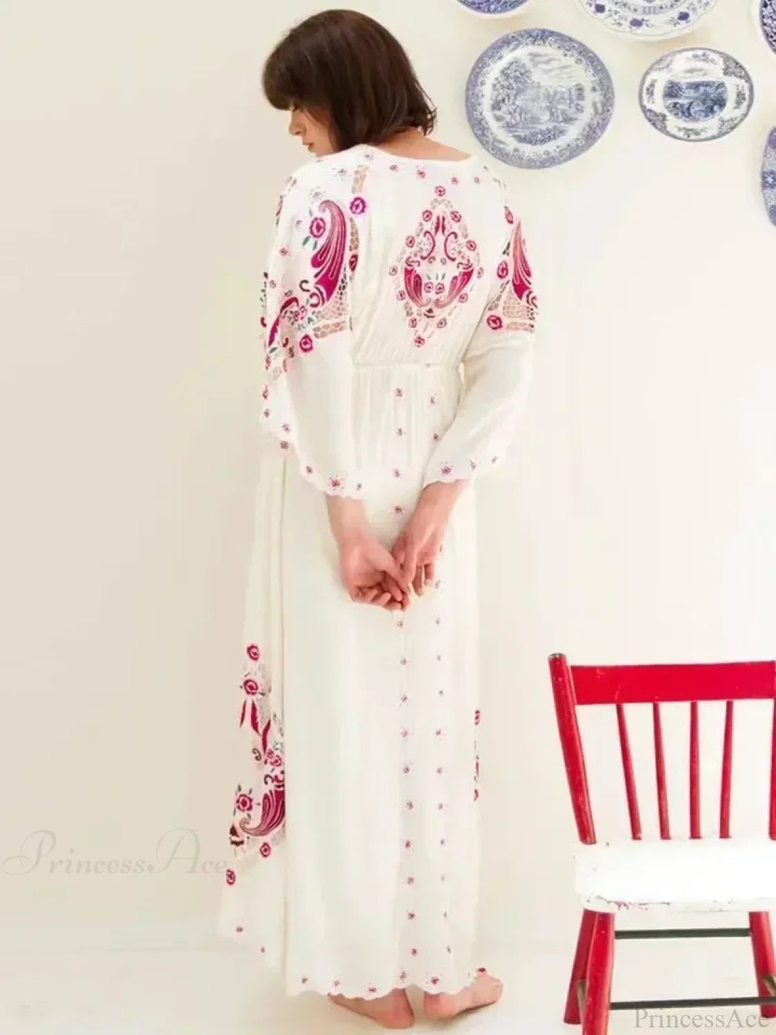 V Collar Embroidery Oversized Casual Cotton Boho Dress image 2