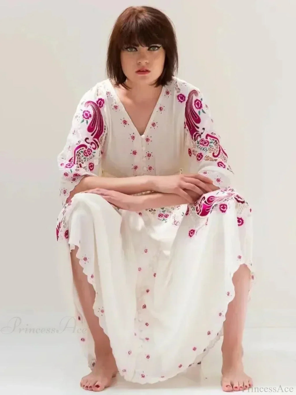 V Collar Embroidery Oversized Casual Cotton Boho Dress image 3