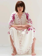 V Collar Embroidery Oversized Casual Cotton Boho Dress image 3