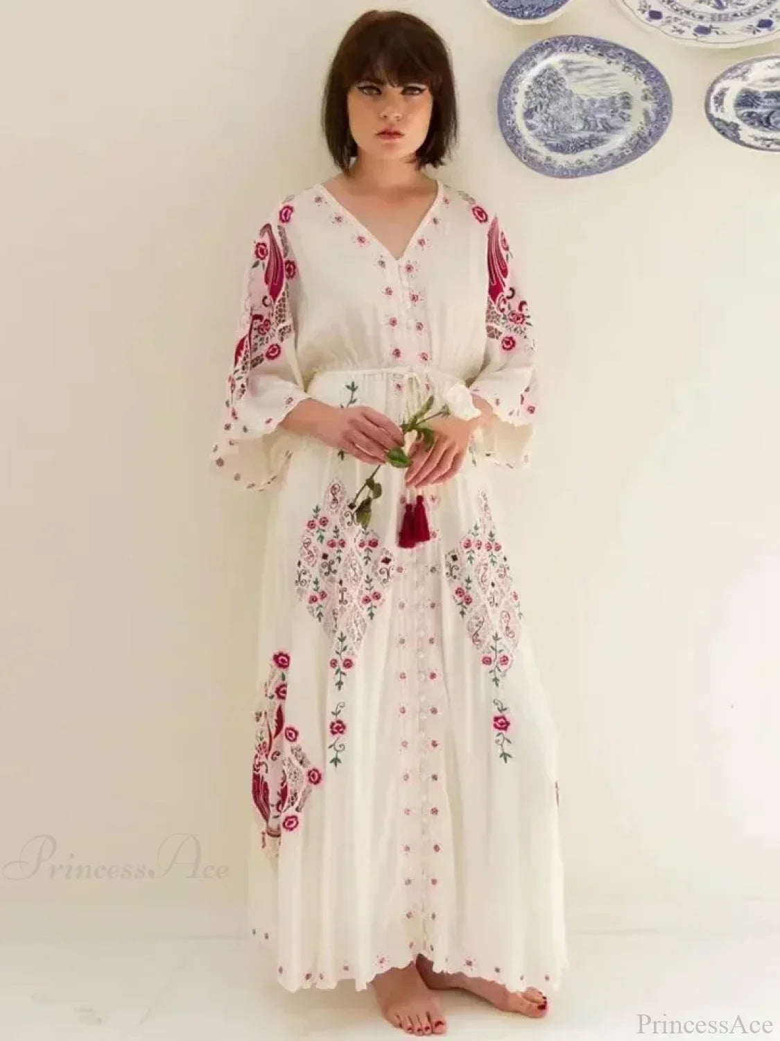 V Collar Embroidery Oversized Casual Cotton Boho Dress image 1