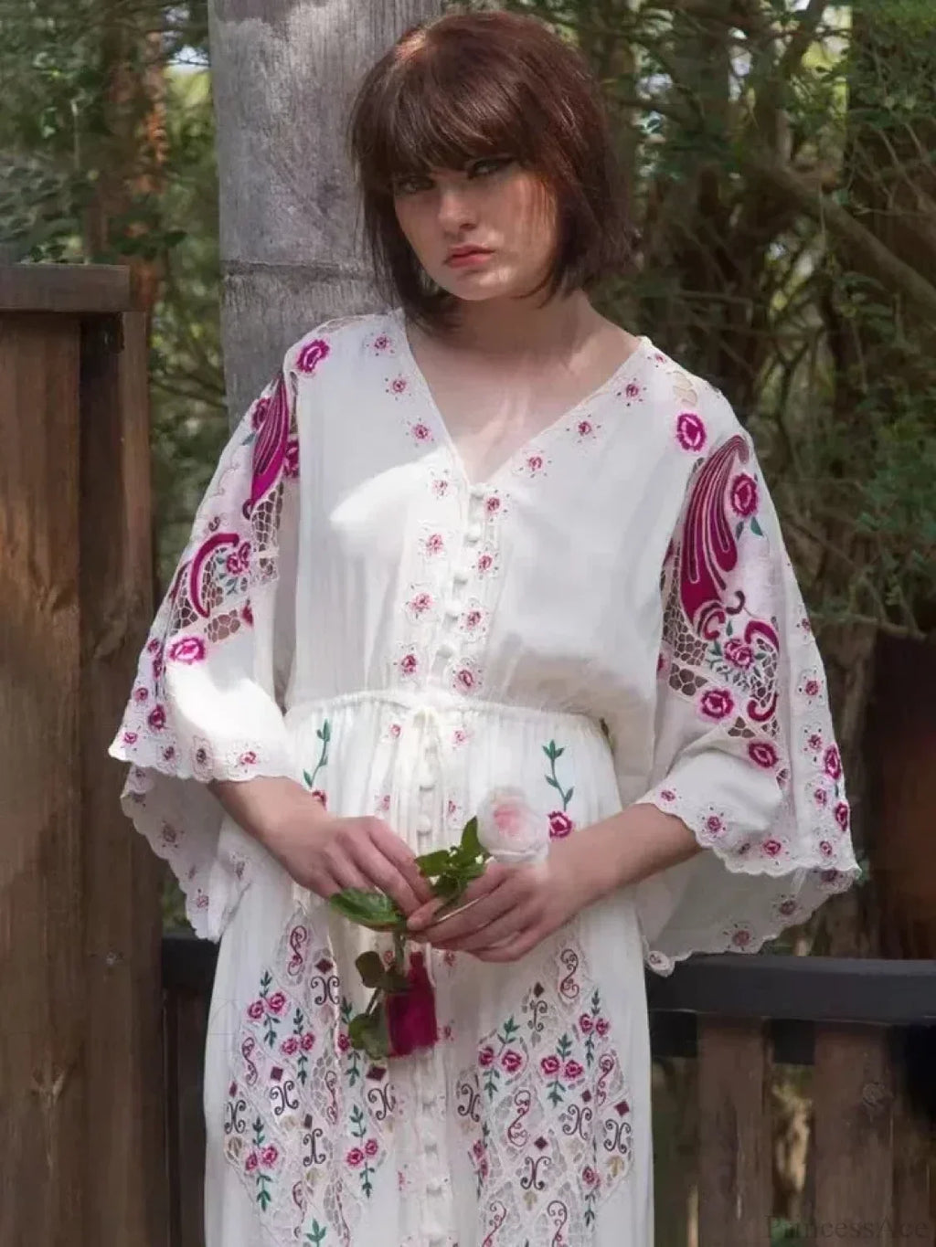 V Collar Embroidery Oversized Casual Cotton Boho Dress image 4