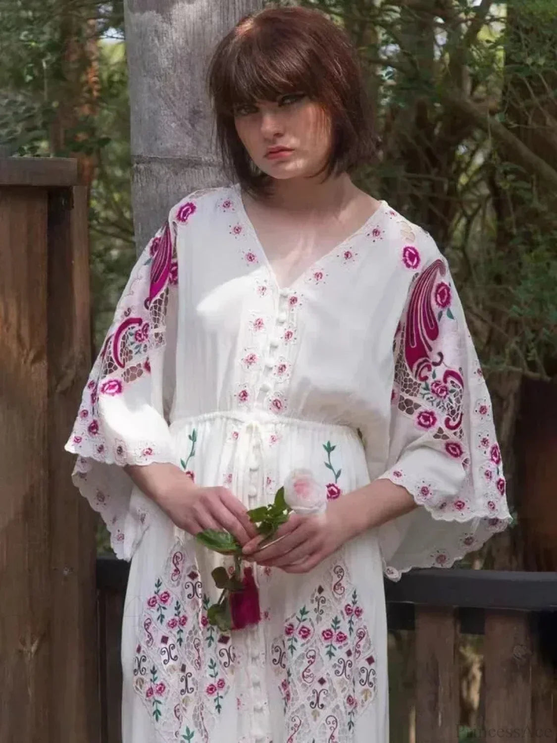 V Collar Embroidery Oversized Casual Cotton Boho Dress image 4