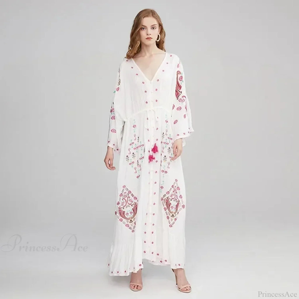 V Collar Embroidery Oversized Casual Cotton Boho Dress image 5