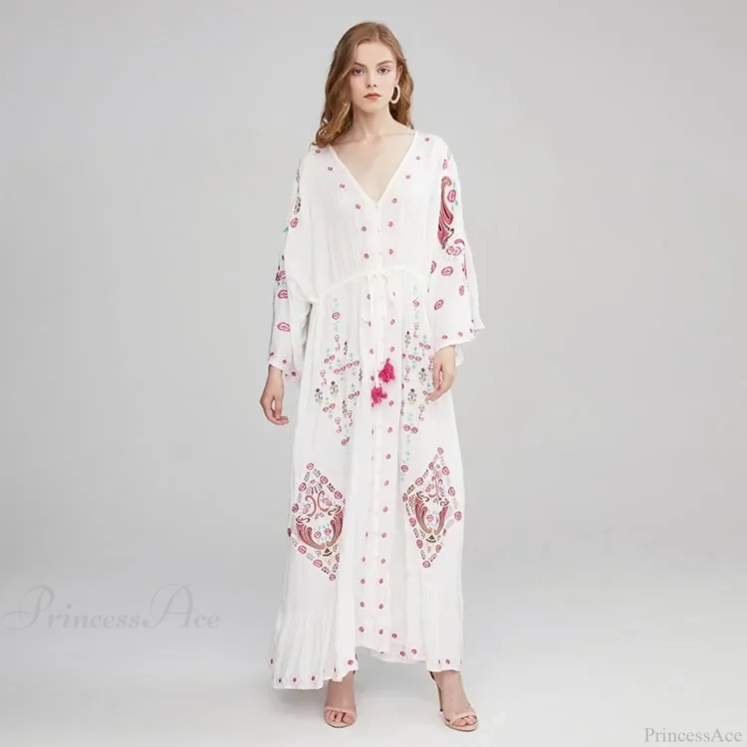 V Collar Embroidery Oversized Casual Cotton Boho Dress image 5