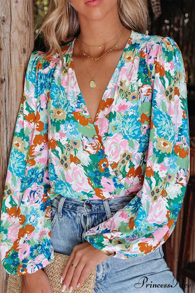 V Design Puff Neck Flowered Arm Shirt image 3