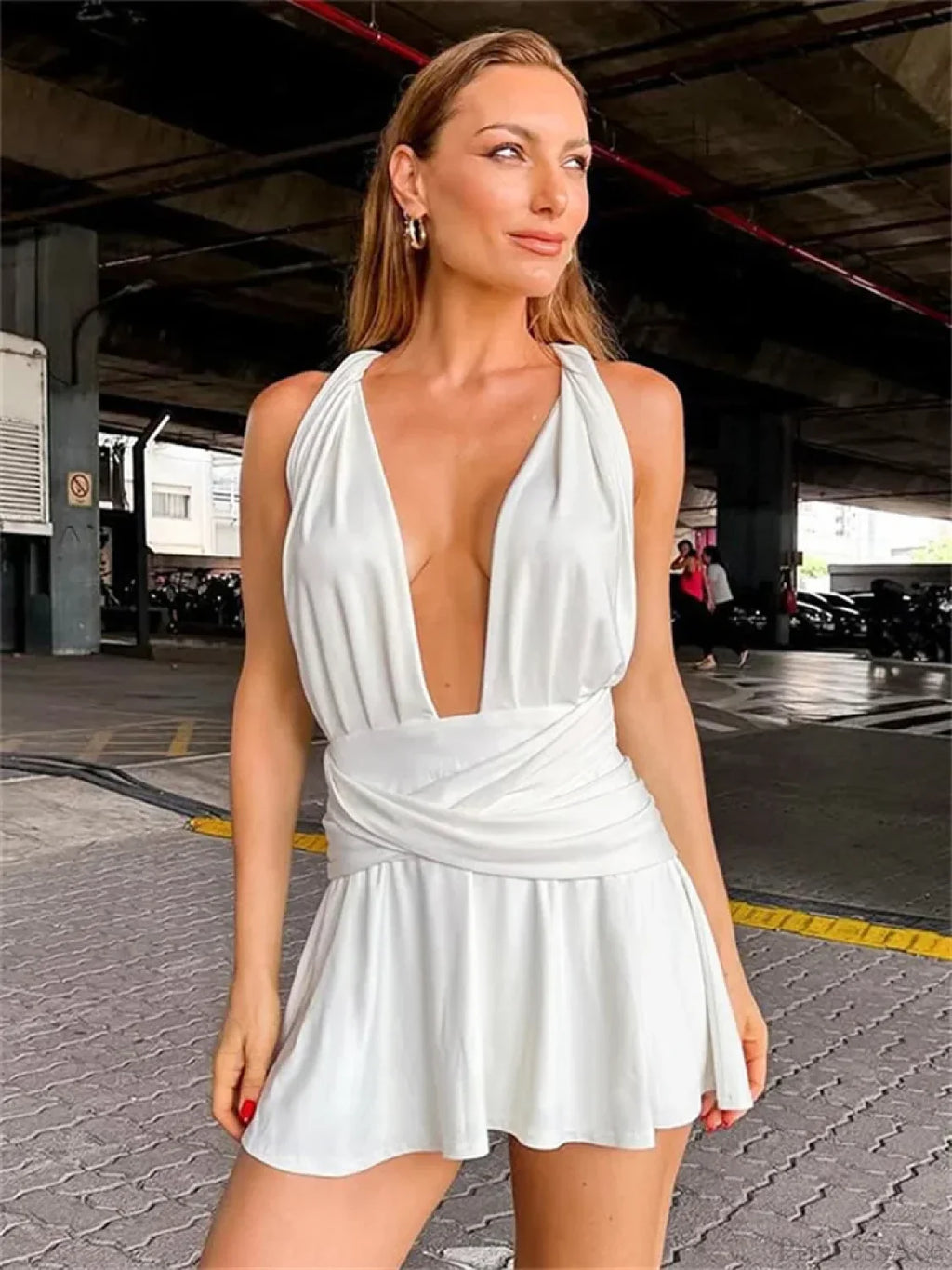 V-Neck Backless Bandage Mini Dress image 1