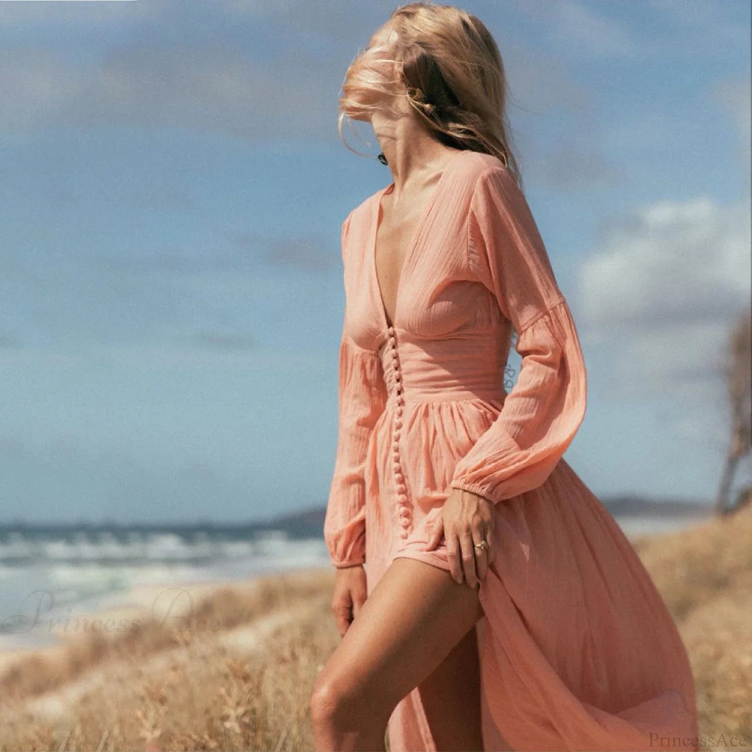 V Neck Button Down Maxi Dress image 3