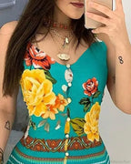 V-neck Buttoned Design Floral Print Dress image 4