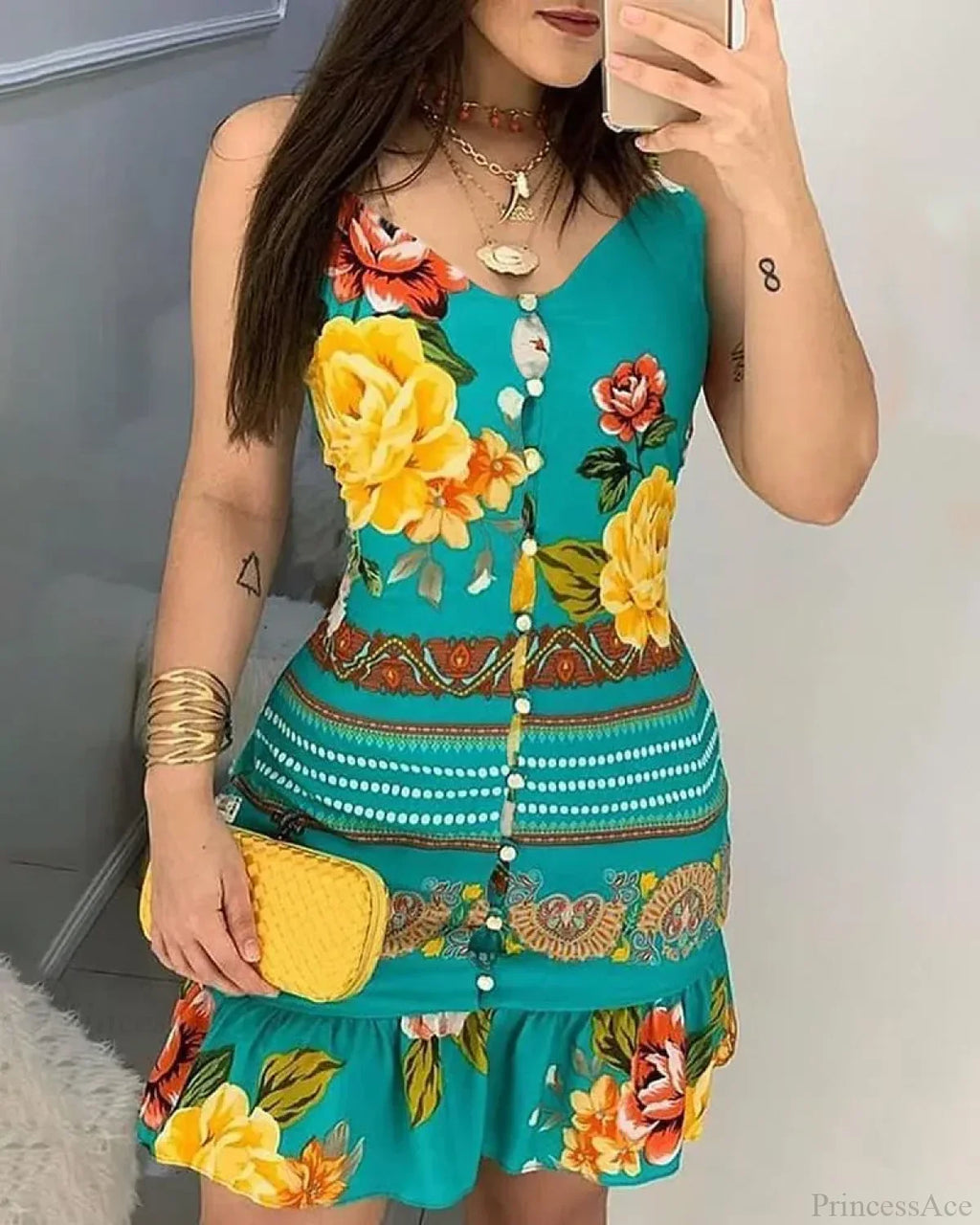 V-neck Buttoned Design Floral Print Dress image 3