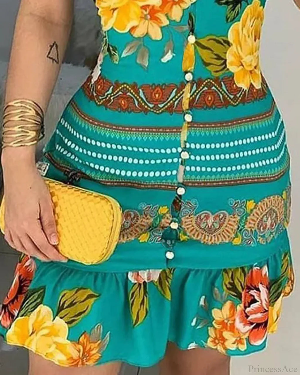 V-neck Buttoned Design Floral Print Dress image 5