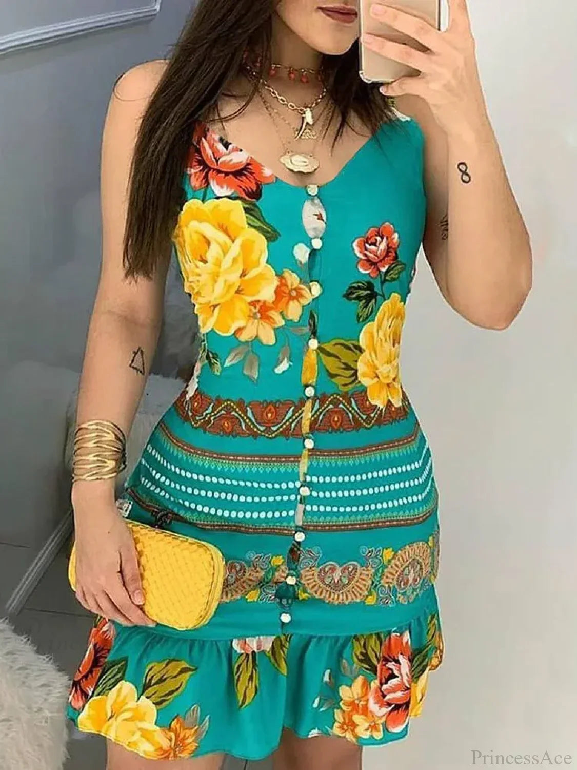 V-neck Buttoned Design Floral Print Dress image 1
