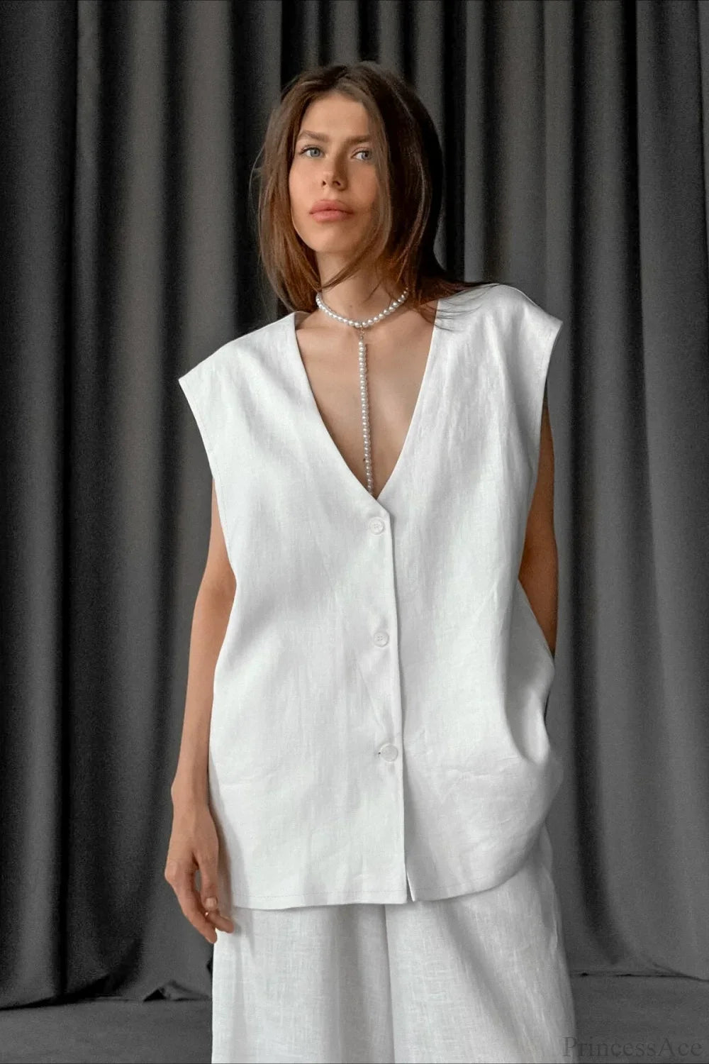 V-Neck Cotton Linen Sleeveless Vest Two Piece Set image 2