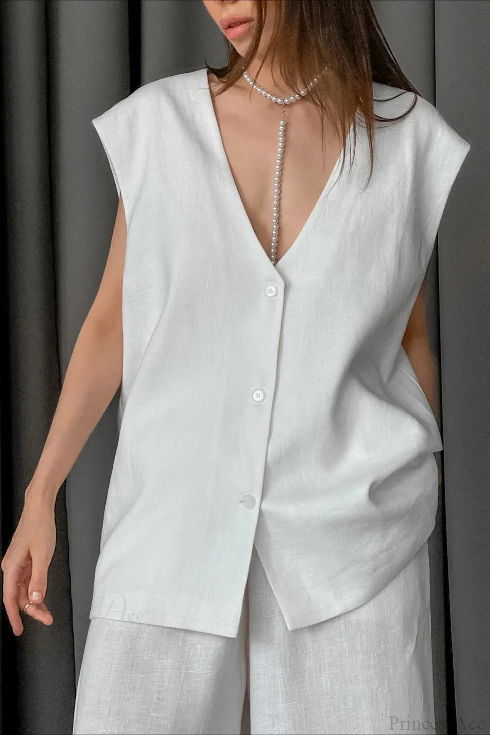 V-Neck Cotton Linen Sleeveless Vest Two Piece Set image 3