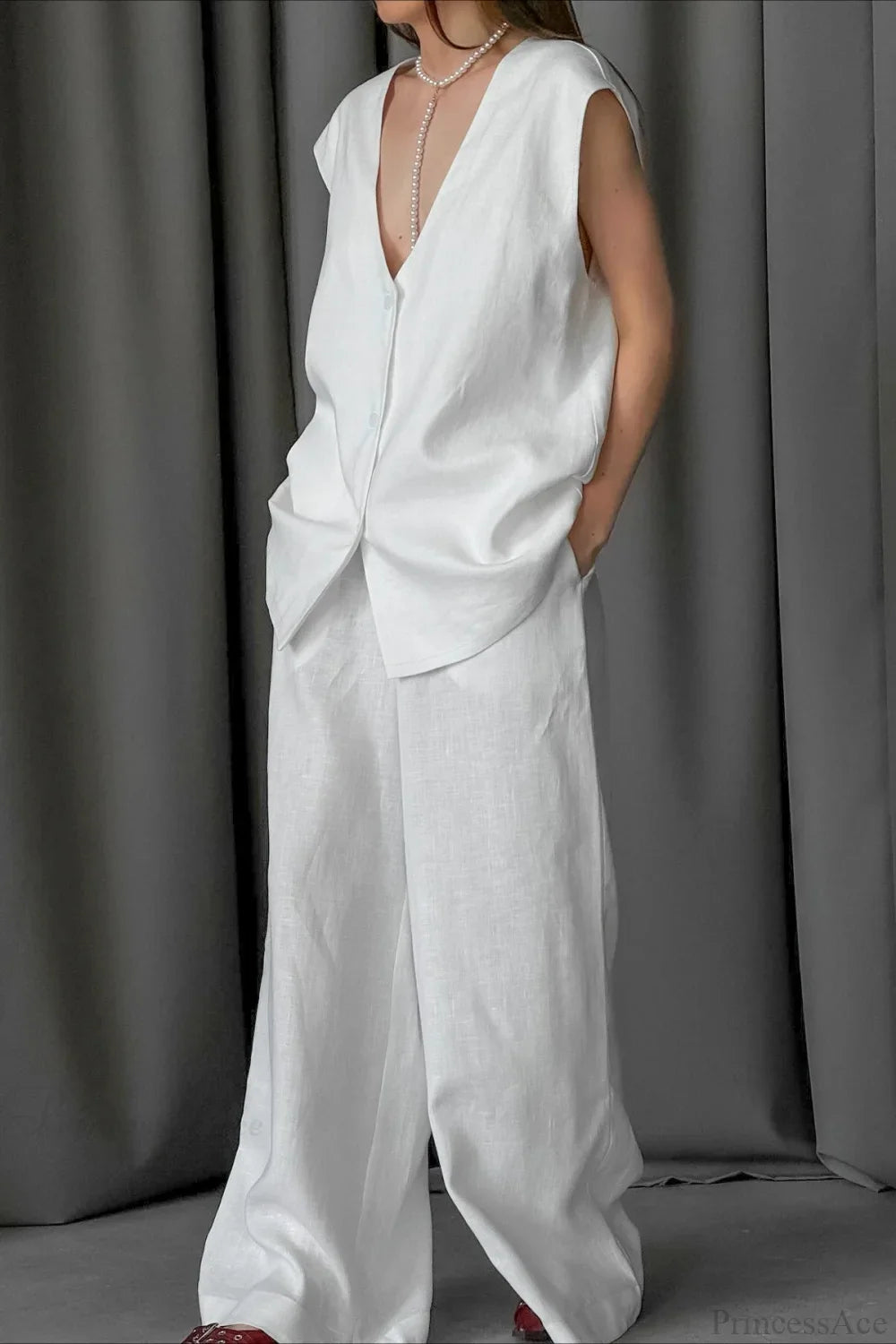 V-Neck Cotton Linen Sleeveless Vest Two Piece Set image 4