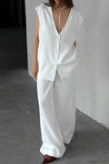 V-Neck Cotton Linen Sleeveless Vest Two Piece Set image 1