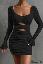 V Neck Cutout Bell Sleeve Pleated Dress image 8