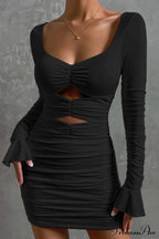 V Neck Cutout Bell Sleeve Pleated Dress image 7