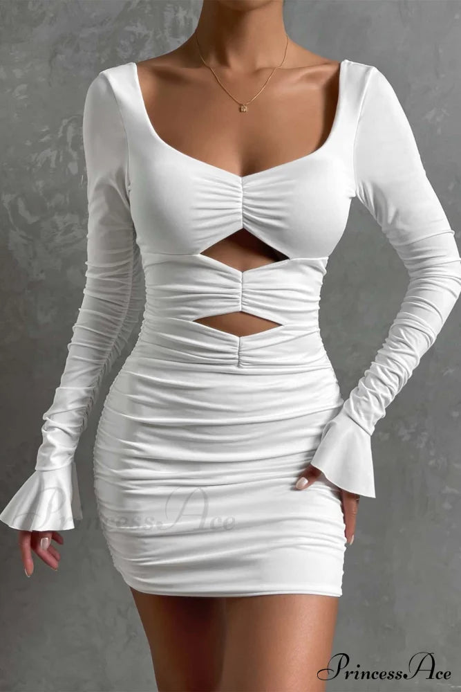 V Neck Cutout Bell Sleeve Pleated Dress image 2