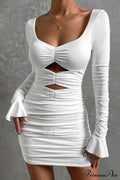 V Neck Cutout Bell Sleeve Pleated Dress image 1