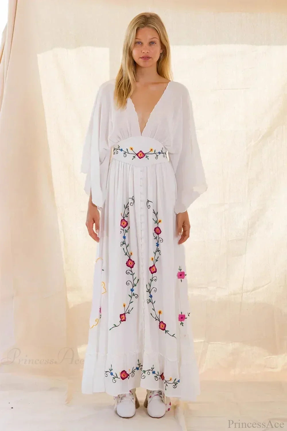 V-neck Embroidery Flower Retro National Boho Dress image 3