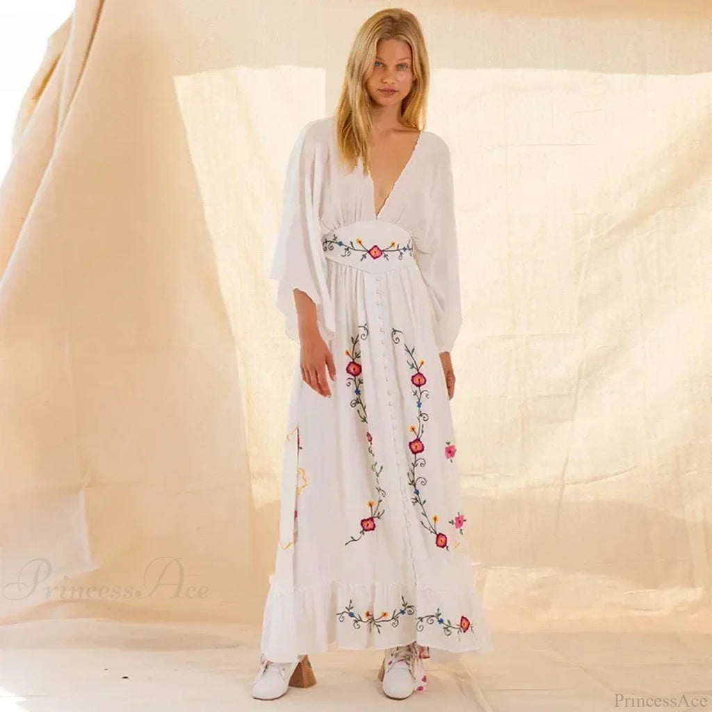 V-neck Embroidery Flower Retro National Boho Dress image 4
