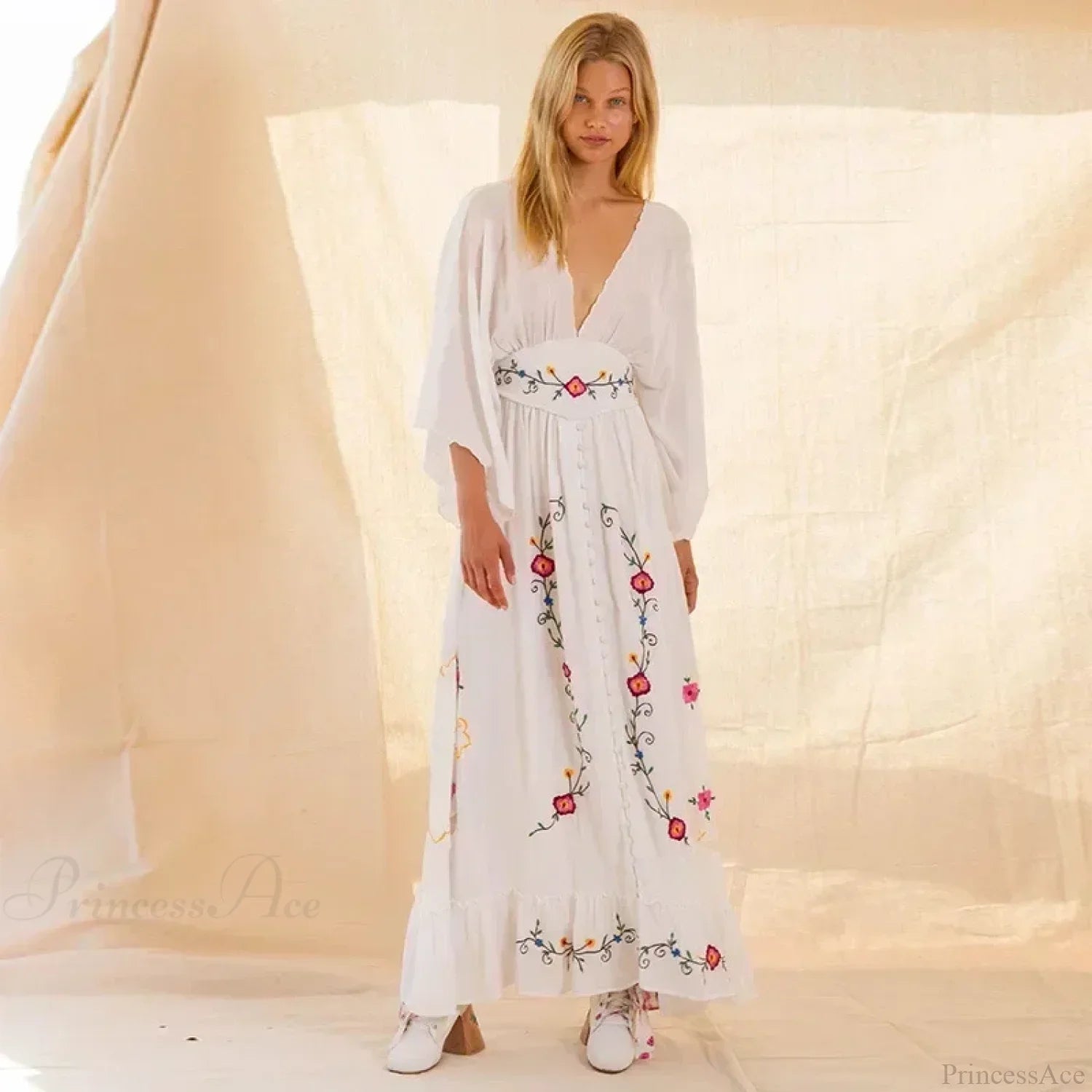V-neck Embroidery Flower Retro National Boho Dress image 4