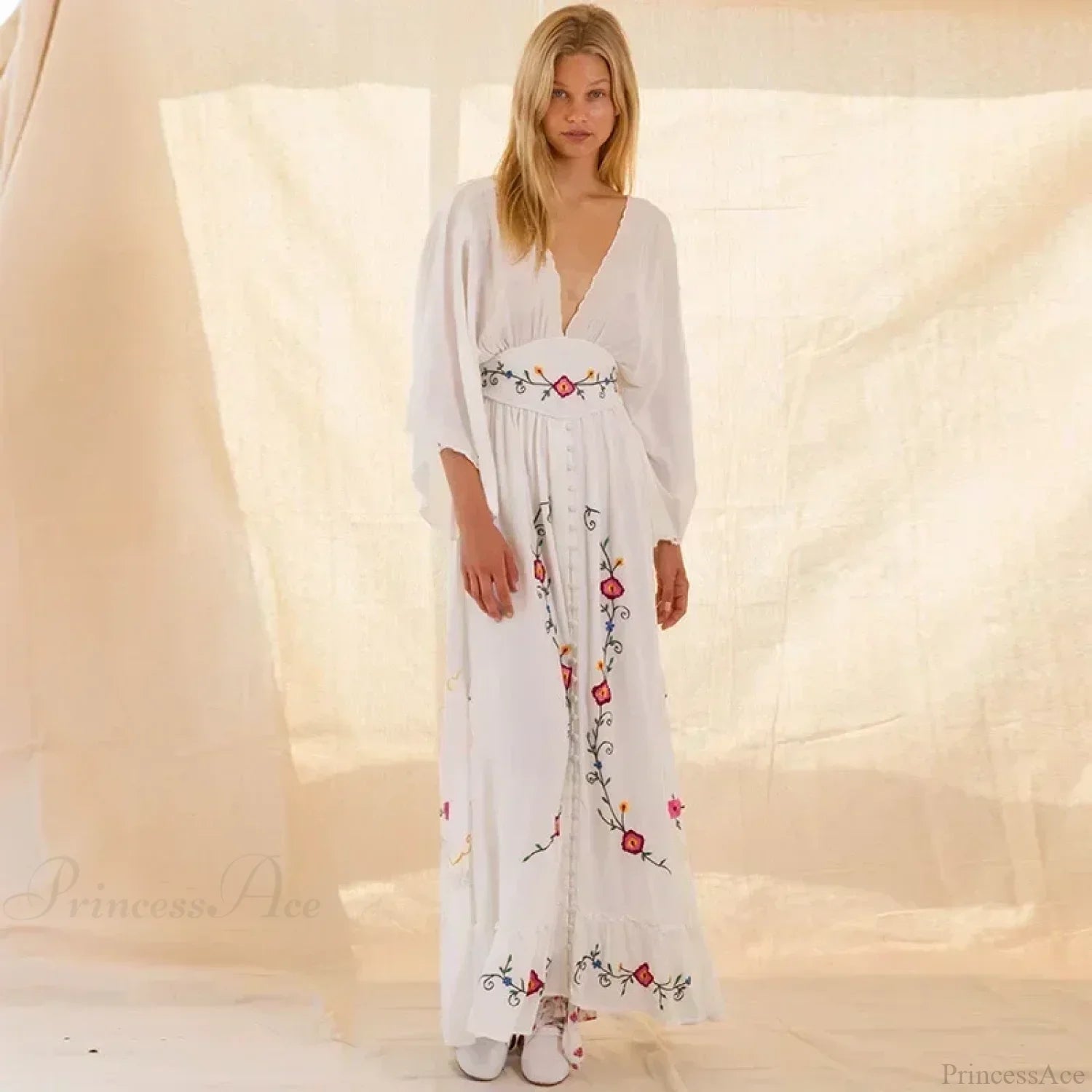 V-neck Embroidery Flower Retro National Boho Dress image 2