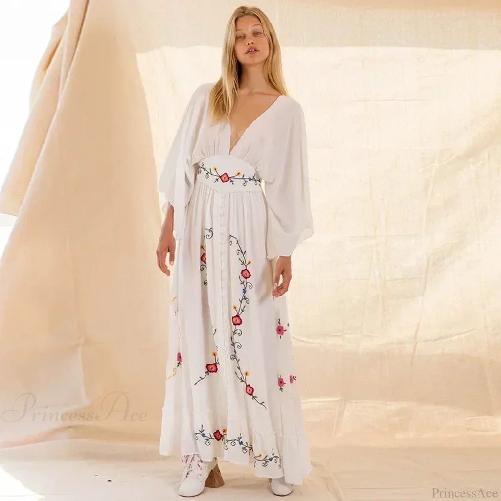 V-neck Embroidery Flower Retro National Boho Dress image 1