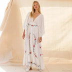 V-neck Embroidery Flower Retro National Boho Dress image 1