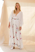 V-neck Embroidery Flower Retro National Boho Dress image 6