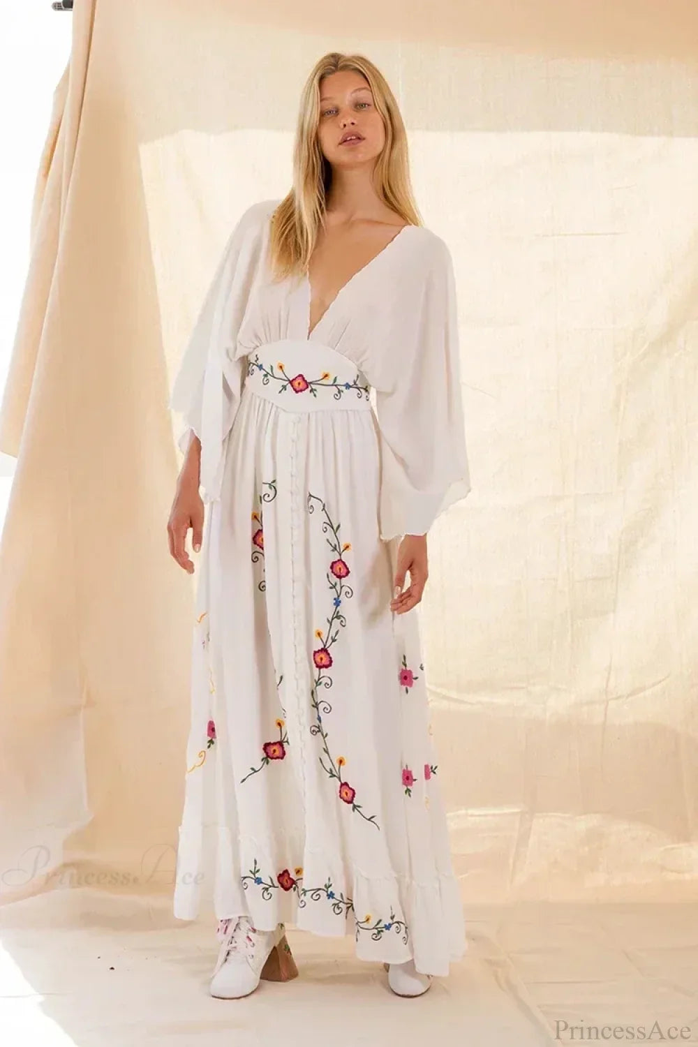 V-neck Embroidery Flower Retro National Boho Dress image 6