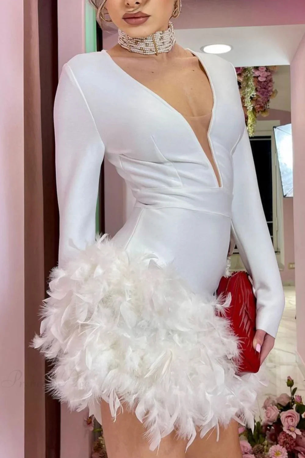 V Neck Feather Pack Mini Dress image 6