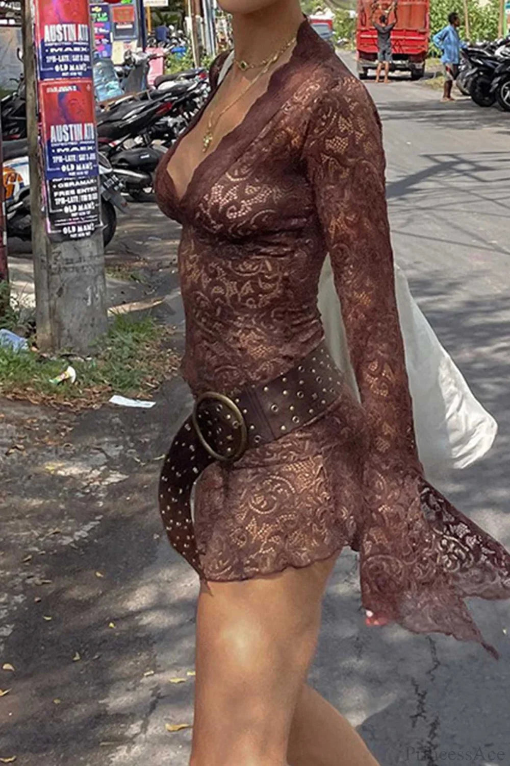 V Neck Flares Sleeve Lace Dress image 8