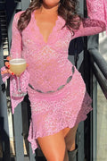 V Neck Flares Sleeve Lace Dress image 1