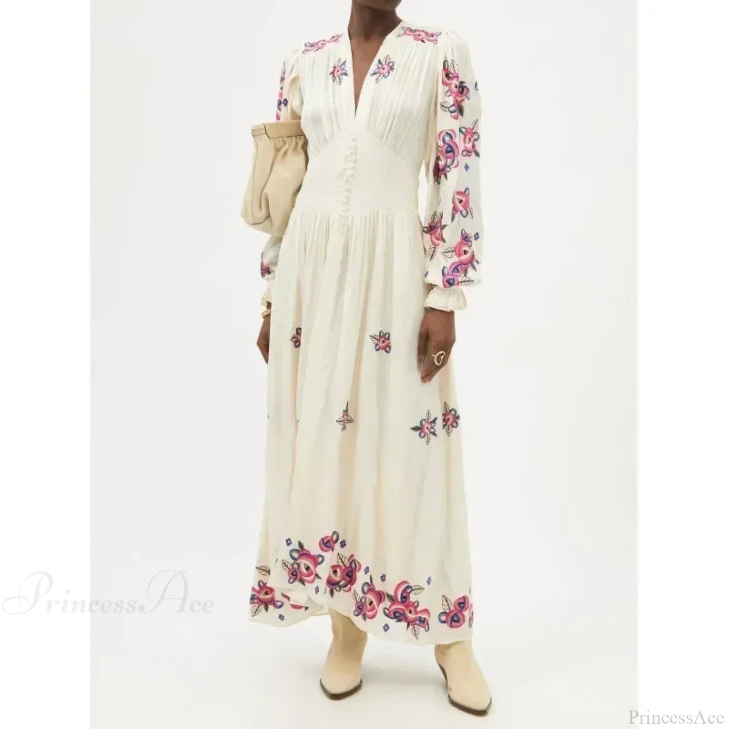 V-neck Floral A-line Lantern Sleeve Cotton Boho Dress image 1
