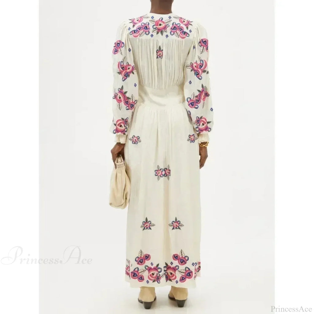 V-neck Floral A-line Lantern Sleeve Cotton Boho Dress image 3