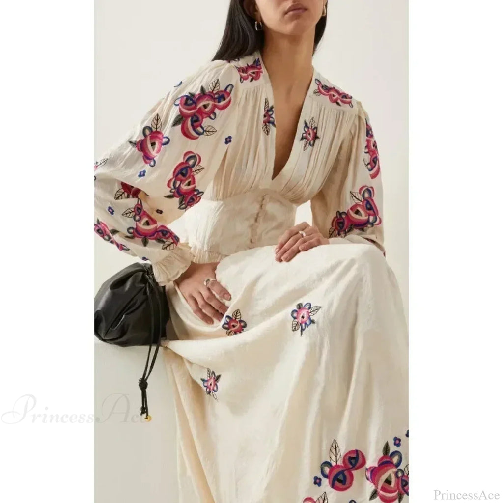 V-neck Floral A-line Lantern Sleeve Cotton Boho Dress image 2