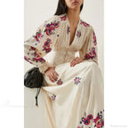 V-neck Floral A-line Lantern Sleeve Cotton Boho Dress image 2