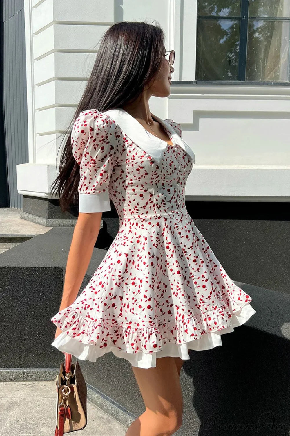 V-Neck Floral Puff Sleeve Babydoll Mini Dress image 2