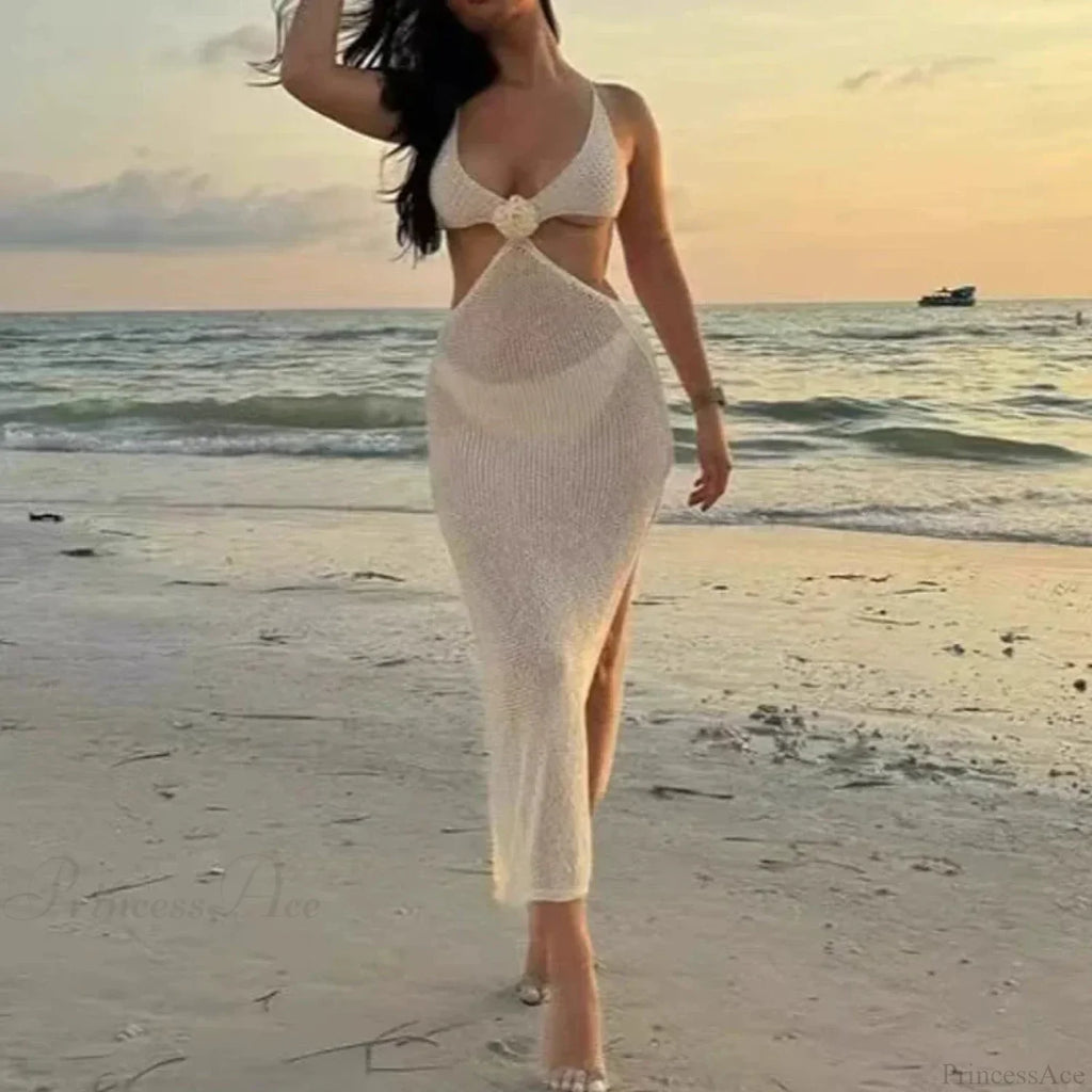 V Neck Hollow Knitted Beach Dress Bikini Set image 3