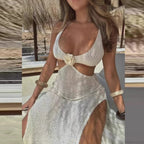 V Neck Hollow Knitted Beach Dress Bikini Set image 5