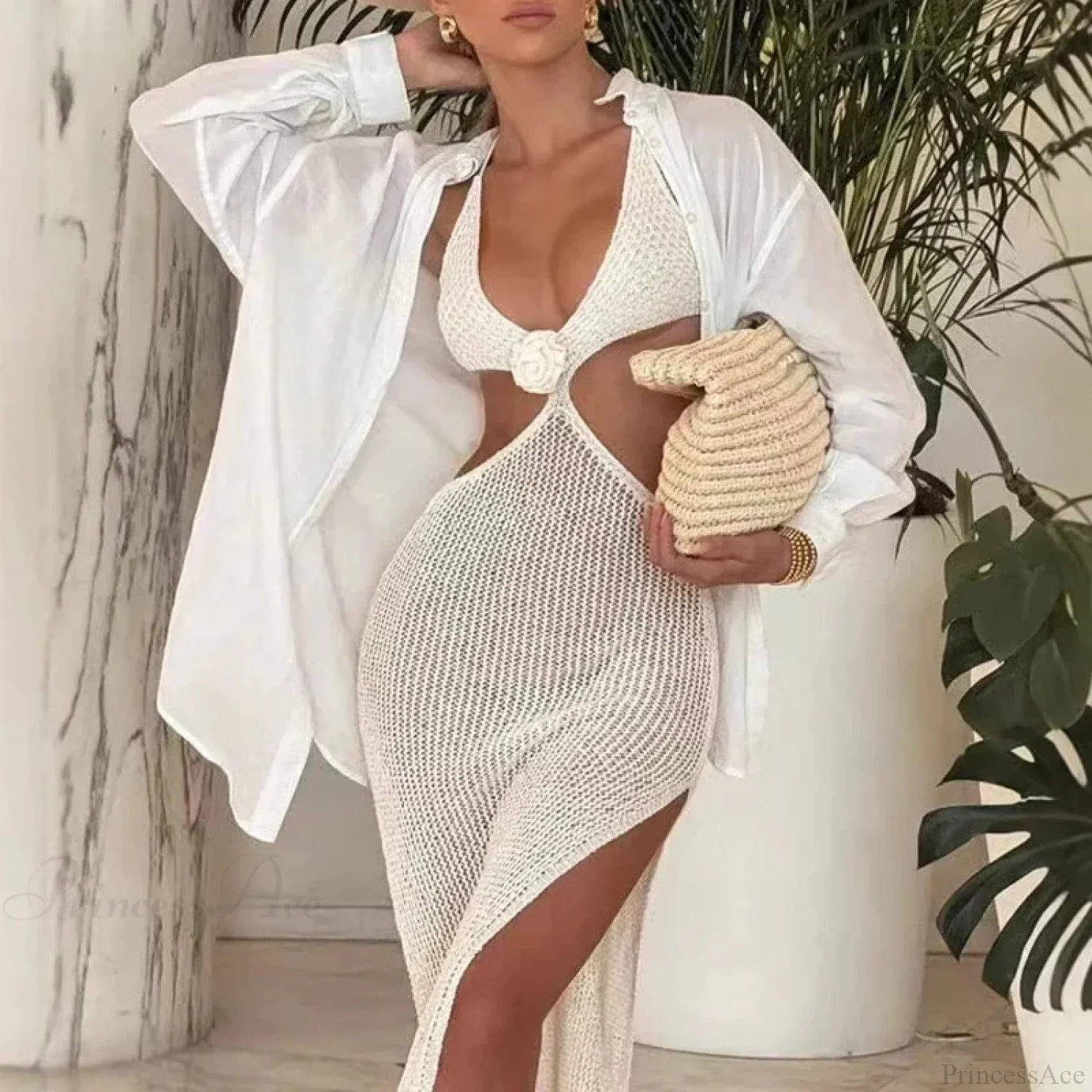 V Neck Hollow Knitted Beach Dress Bikini Set image 1