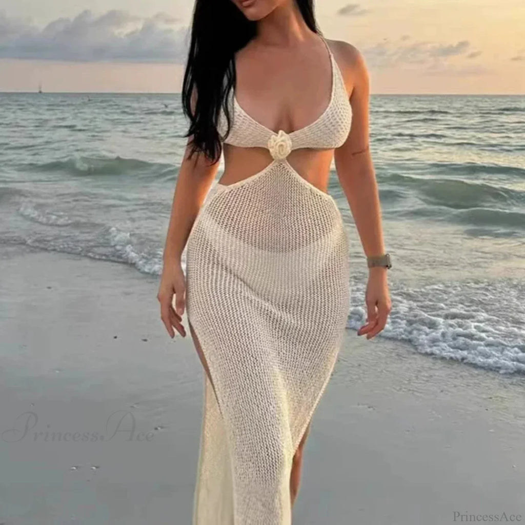 V Neck Hollow Knitted Beach Dress Bikini Set image 4