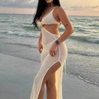 V Neck Hollow Knitted Beach Dress Bikini Set image 6