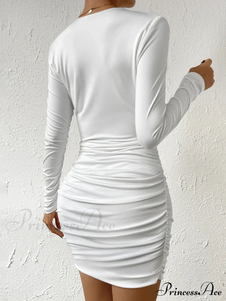 V-Neck Hollow Pleated Slim Wrap Hip Nightclub Short Cut Out Dress image 2