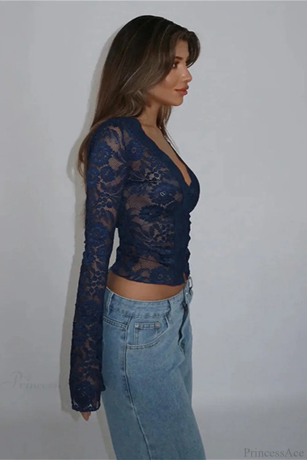 V-Neck Lace Fitted Long Sleeve Tee image 2