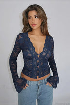 V-Neck Lace Fitted Long Sleeve Tee image 1