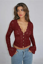 V-Neck Lace Fitted Long Sleeve Tee image 4