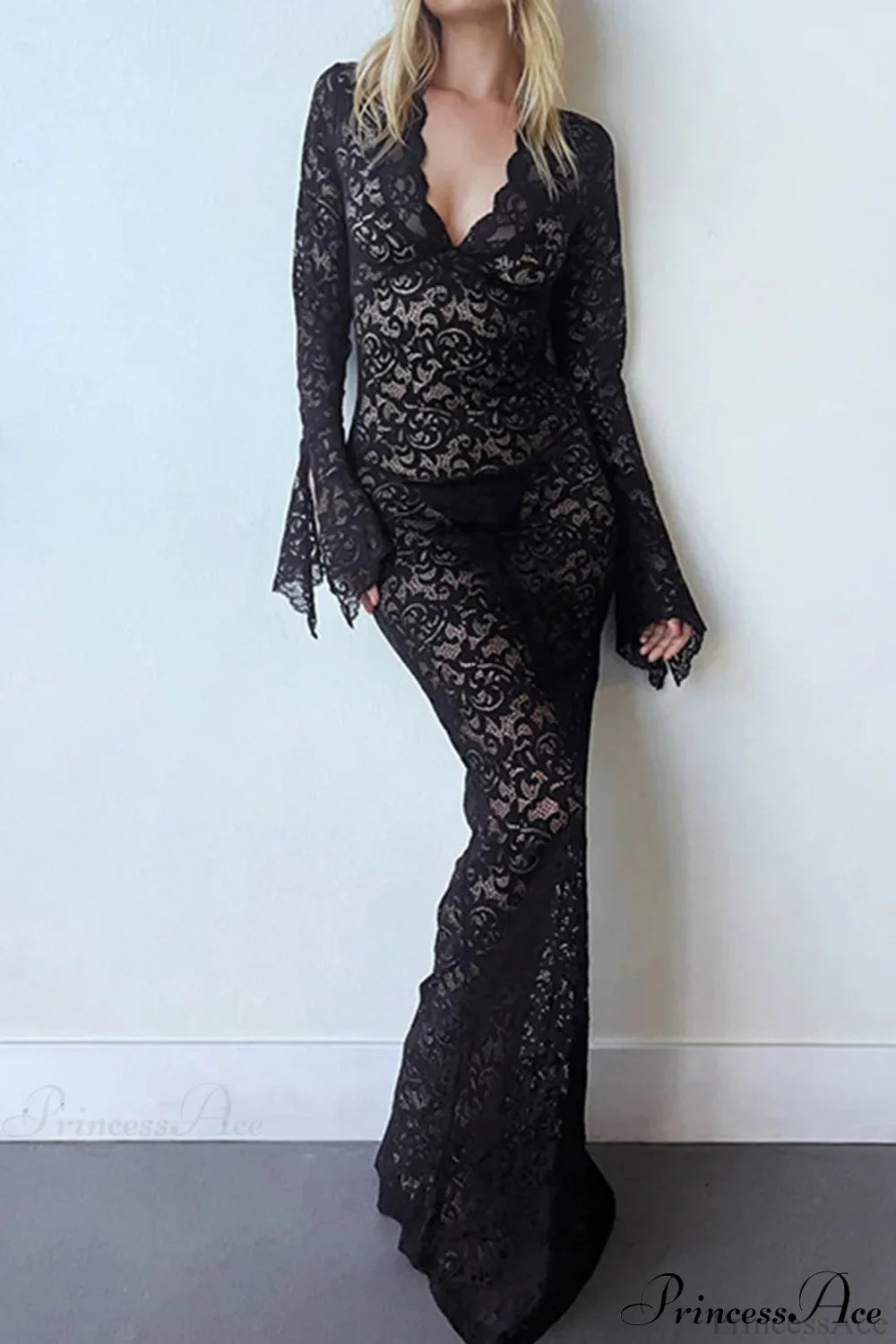 V Neck Lace Flare Sleeve Dress image 7