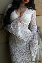 V Neck Lace Flare Sleeve Dress image 2